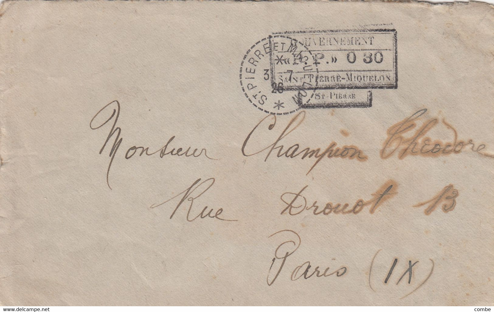 LETTRE. ST PIERRE ET MIQUELON. P.P.30. ST PIERRE. 3 JUIL 1926. POUR PARIS - Storia Postale