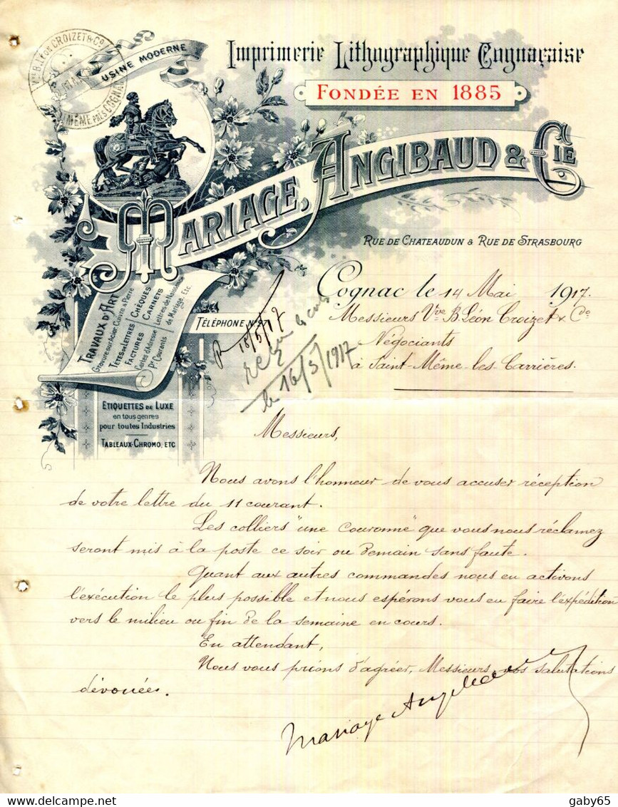 FACTURE.16.CHARENTE.COGNAC.IMPRIMERIE LITHOGRAPHIQUE COGNAÇAISE.MARIAGE,ANGIBAUD ET Cie. - Printing & Stationeries