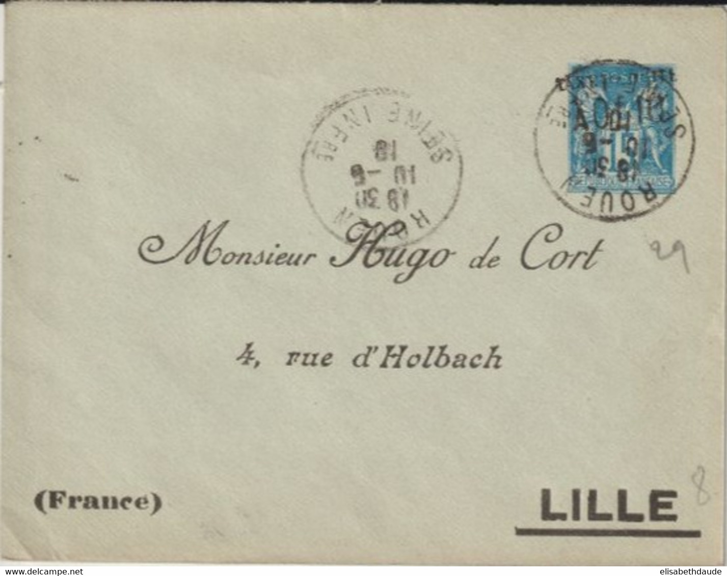 1910 - TYPE SAGE SURCHARGE - ENVELOPPE ENTIER 15c Avec REPIQUAGE "HUGO De CORT" De LILLE (DEPART De AVIGNON) - Buste Ristampe (ante 1955)