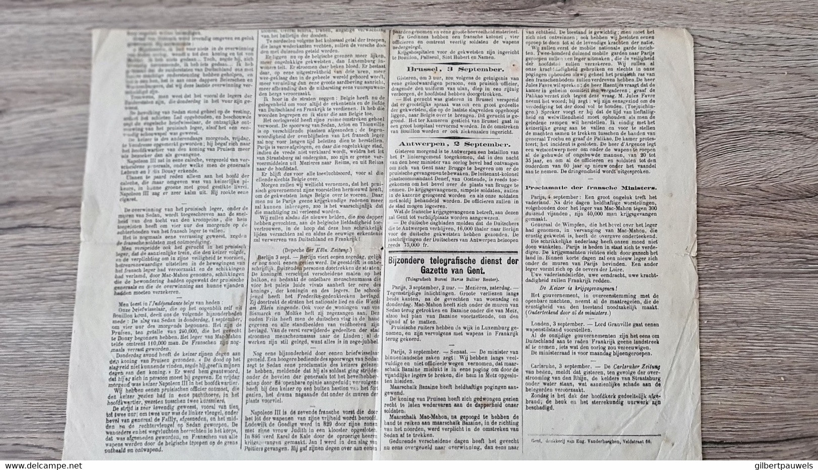 GAZETTE VAN GENT - BIEZONDERE UITGAVE 4 SEPTEMBER 1870 - ENKEL BLAD - Oud