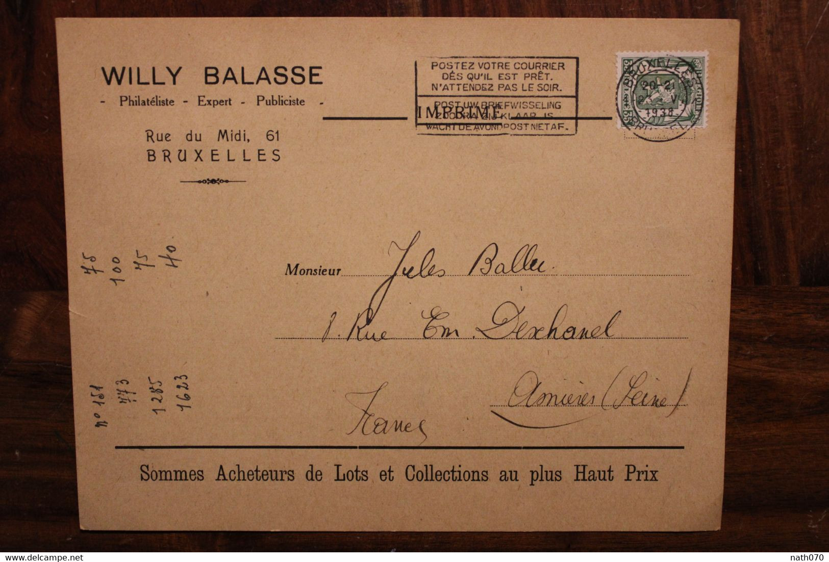 1938 Belgique Cover Mr BALASSE Expert Philatélie - Storia Postale