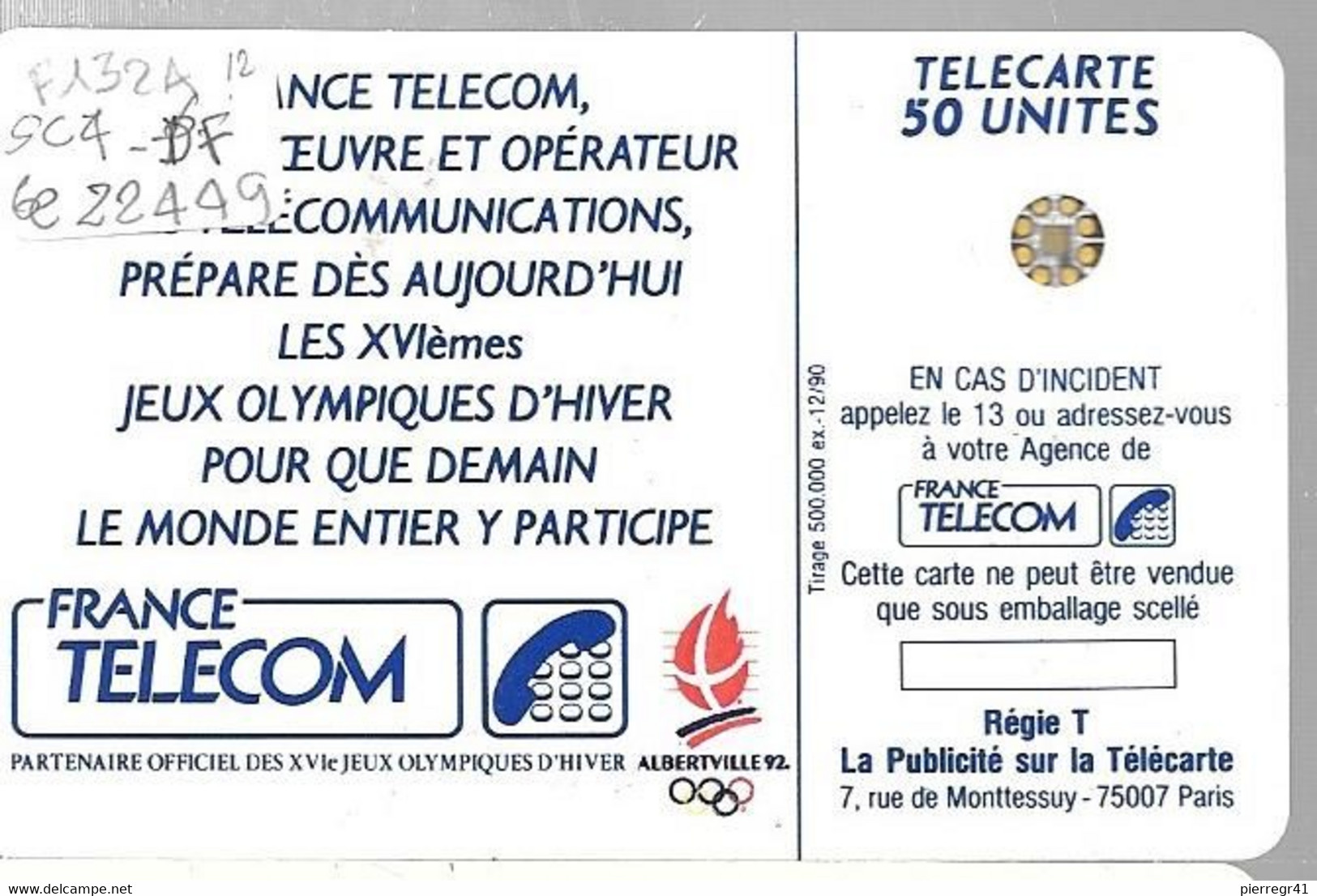 CARTE-PUBLIC-F132A.520.1-50U-SC4 An-Trou 6-12/90-SKIEUR 1-5Ge-22449-D Frappe-UTILISEE-  TBE - 1990