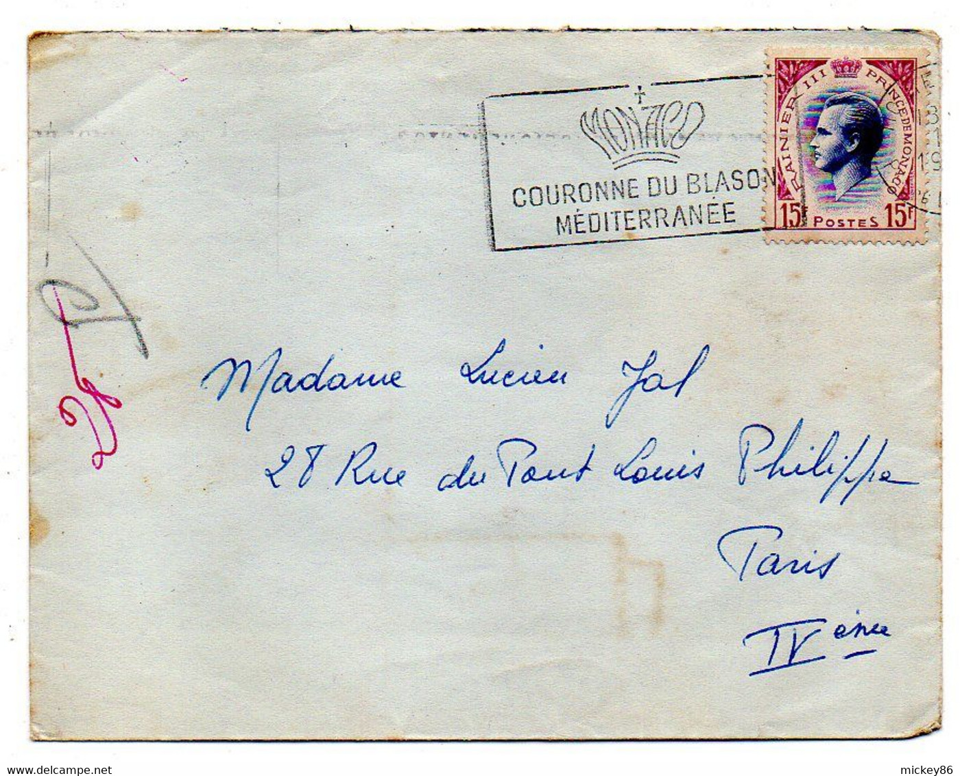 Monaco-1956--Lettre  De  Monte-Carlo  Pour  PARIS  (France)...tp  Rainier III .cachet "Couronne Du Blason Méditerannéen" - Storia Postale