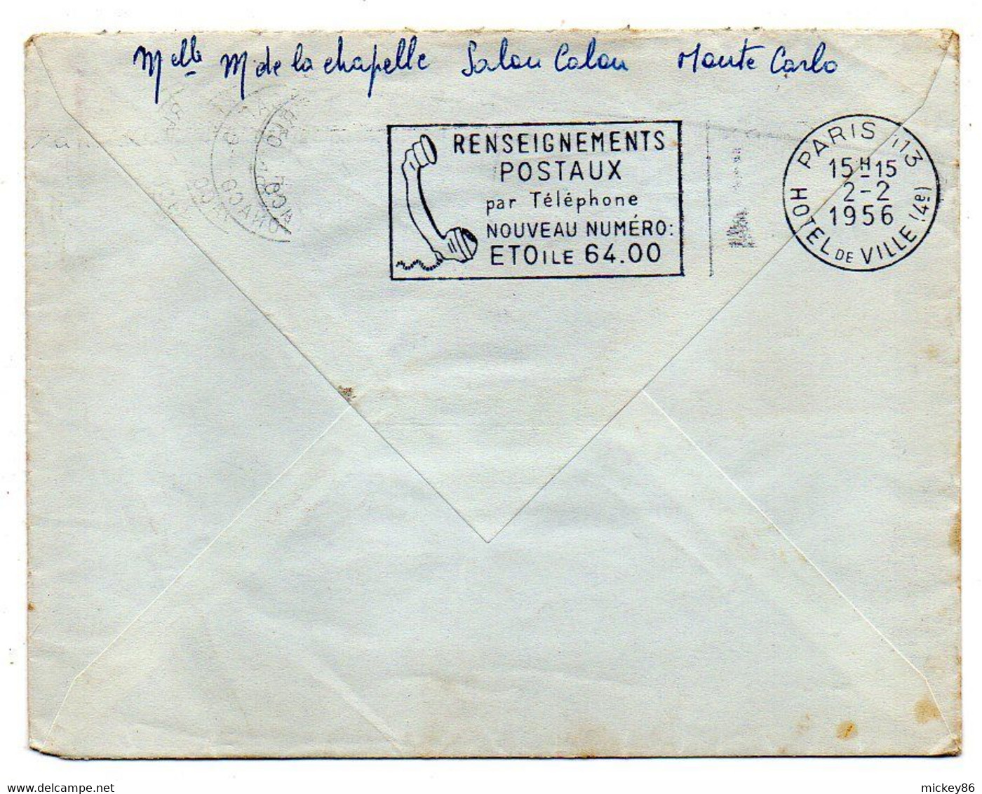 Monaco-1956--Lettre  De  Monte-Carlo  Pour  PARIS  (France)...tp  Rainier III .cachet "Couronne Du Blason Méditerannéen" - Lettres & Documents