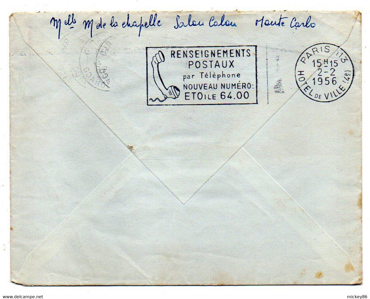 Monaco-1956--Lettre  De  Monte-Carlo  Pour  PARIS  (France)...tp  Rainier III .cachet "Couronne Du Blason Méditerannéen" - Covers & Documents