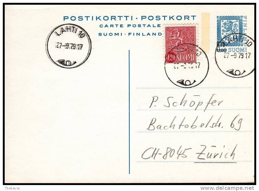 Finland 1979, Uprated Postal Stationery Lahti To Zurich - Briefe U. Dokumente