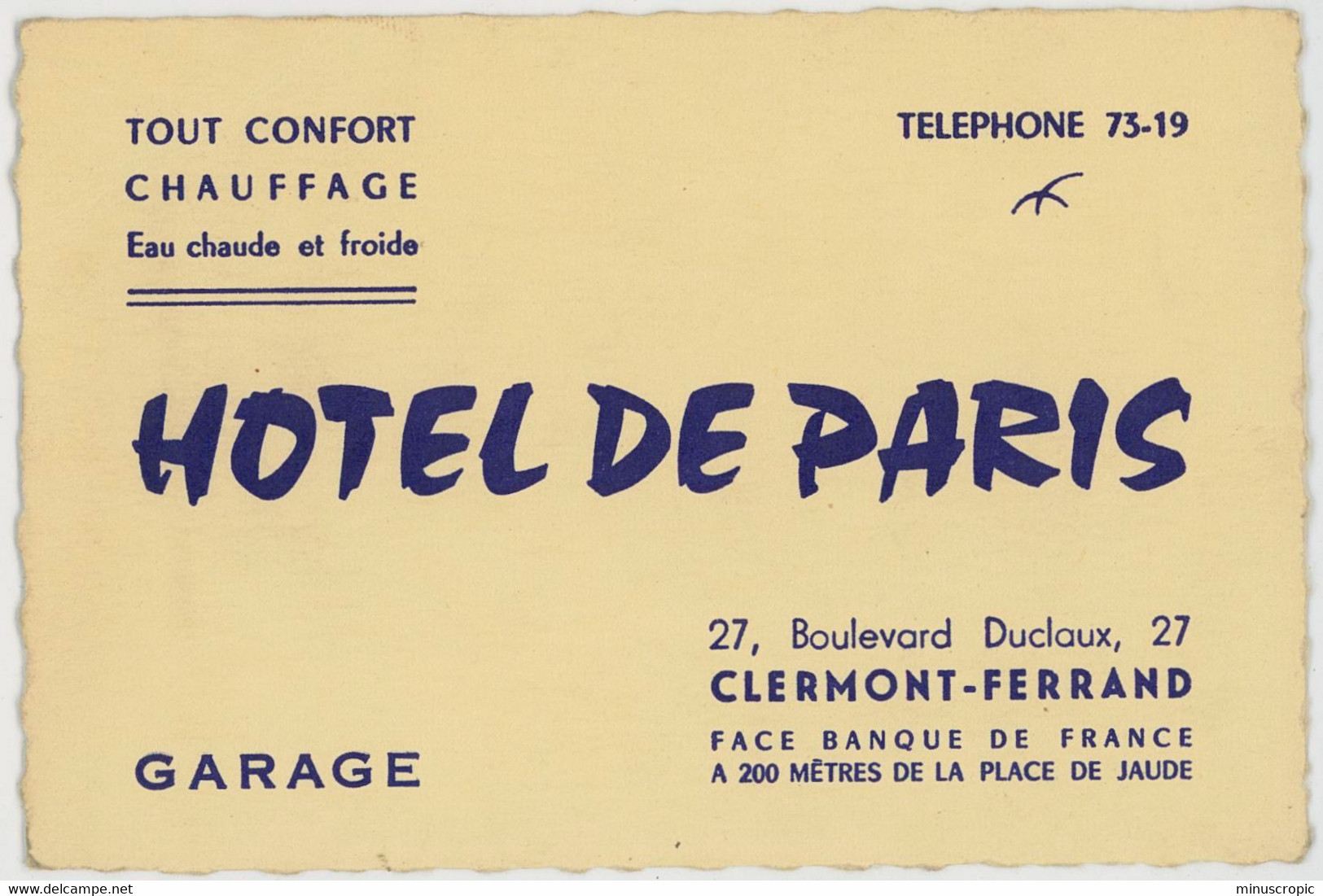 Ancienne Carte De Visite Hotel De Paris - Clermont Ferrand - Visiting Cards