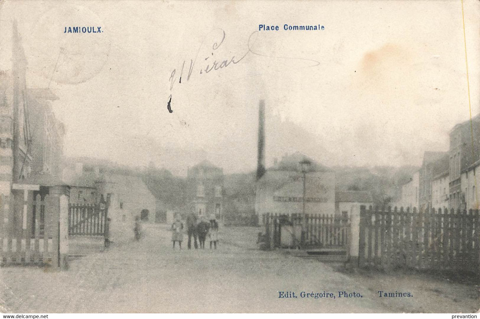 JAMIOULX - Place Communale - Carte Animée Devant Passage A Niveau Et Circulé En 1907 - Ham-sur-Heure-Nalinnes