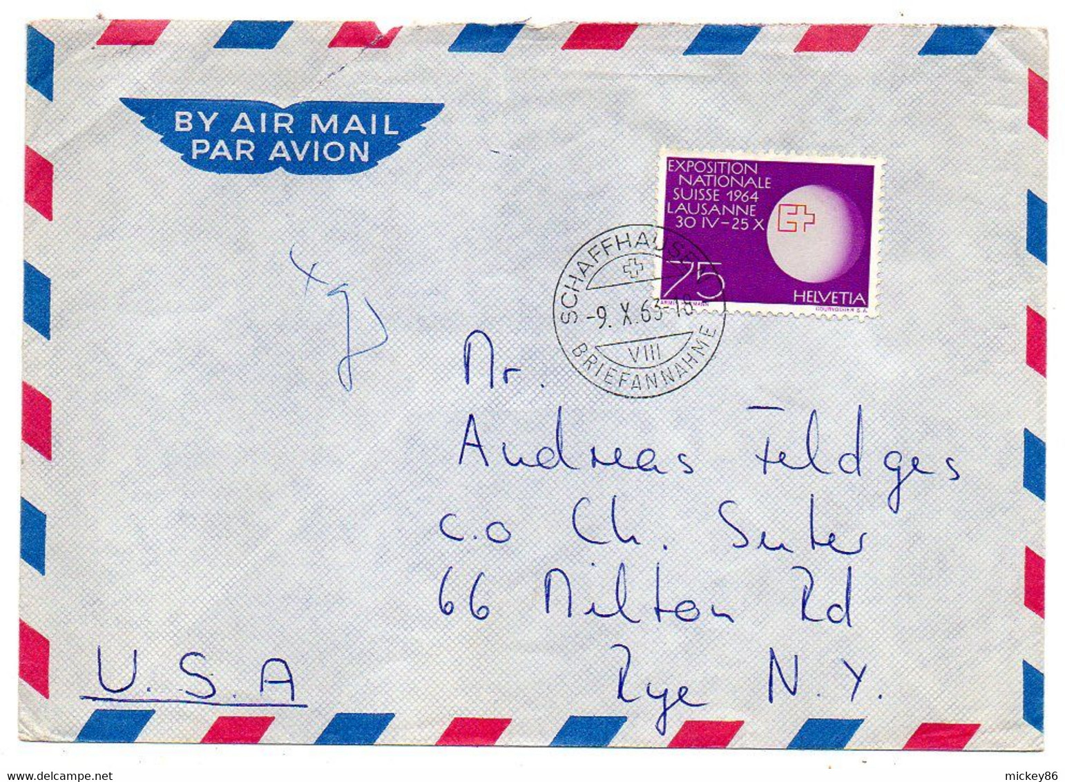 Suisse --1963--Lettre SCHAFFAUSEN  Pour NEW YORK  ( USA ).. Timbre Lausanne EXPO Nationale Seul Sur Lettre ...cachet. - Cartas & Documentos