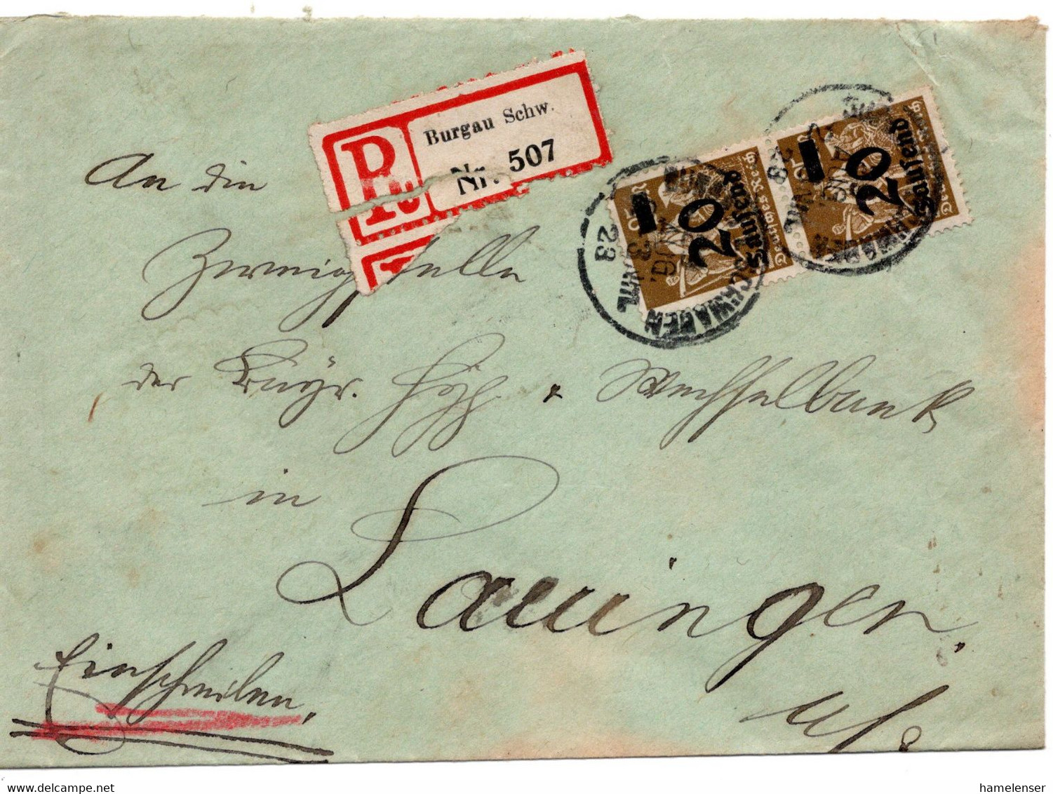 56339 - Deutsches Reich - 1923 - 2@20.000M/25M MiF A R-Bf BURGAU -> LAUINGEN - Lettres & Documents