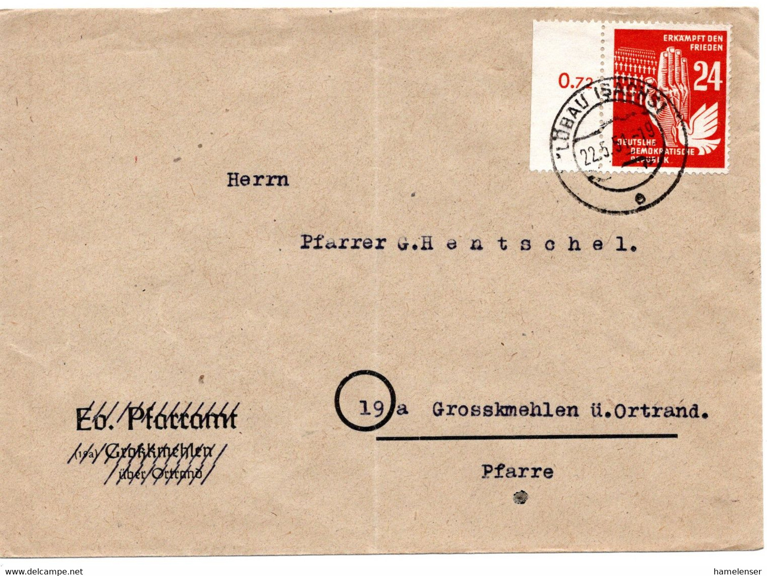 56340 - DDR - 1951 - 24Pfg Frieden EF A Bf LOEBAU -> Grosskmehlen (senkr Mittelbug, Marke OK) - Storia Postale
