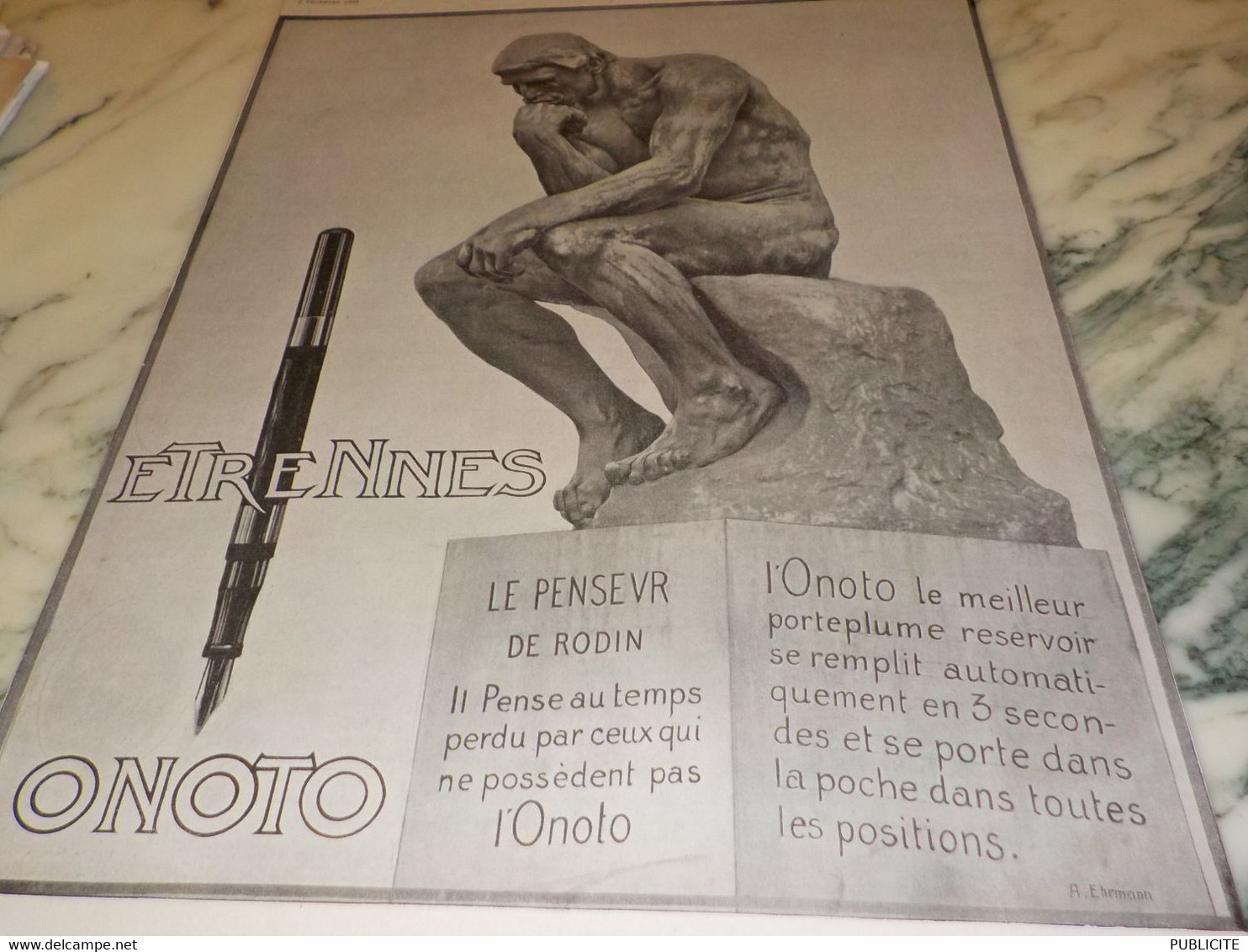 ANCIENNE PUBLICITE LE PENSEUR ET  PORTE PLUME  ONOTO  1908 - Plumes