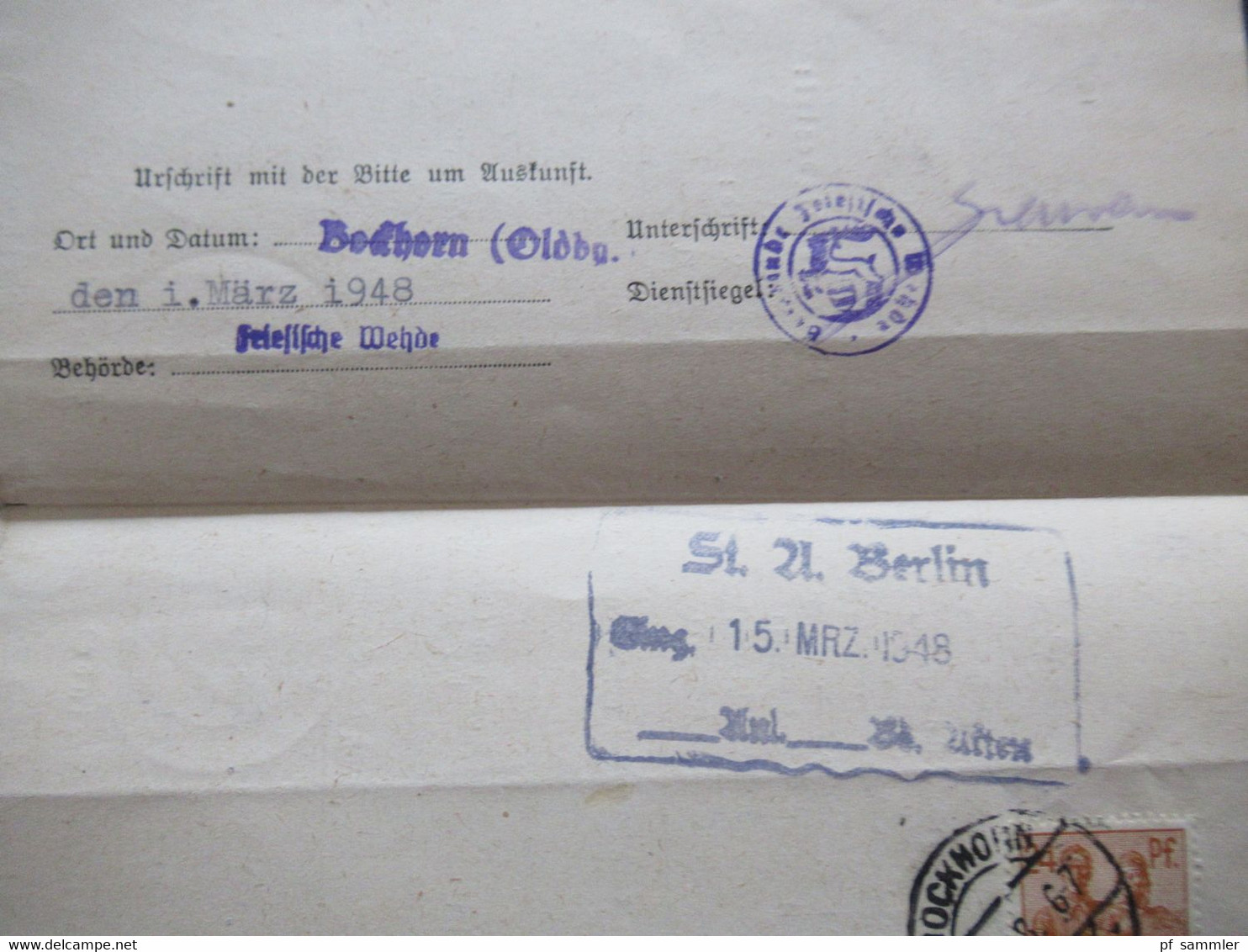 All. Besetzung Berlin 19.3.1948 Absender Strafregister der Staatsanwaltschaft Berlin nach Bockhorn in Oldenburg