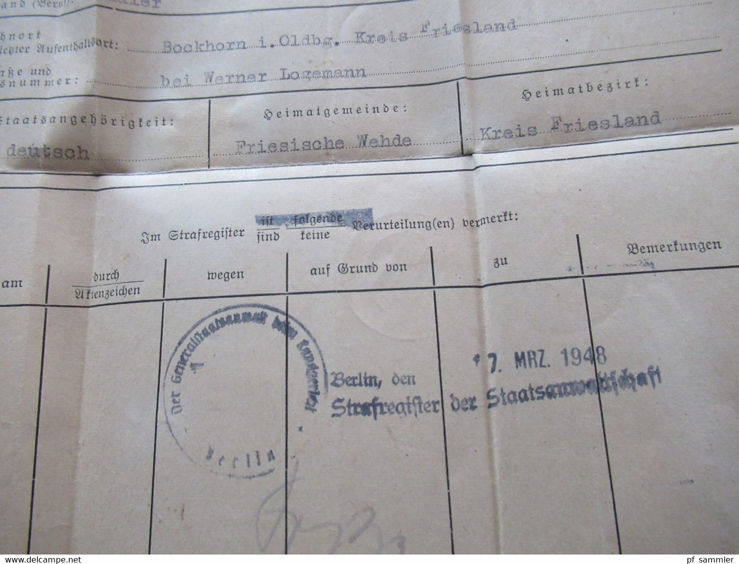 All. Besetzung Berlin 19.3.1948 Absender Strafregister der Staatsanwaltschaft Berlin nach Bockhorn in Oldenburg