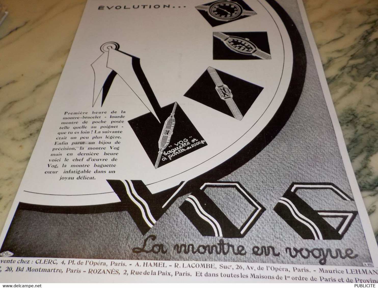 ANCIENNE PUBLICITE MONTRE EVOLUTION  VOG LA MONTRE EN VOGUE  1929 - Autres & Non Classés