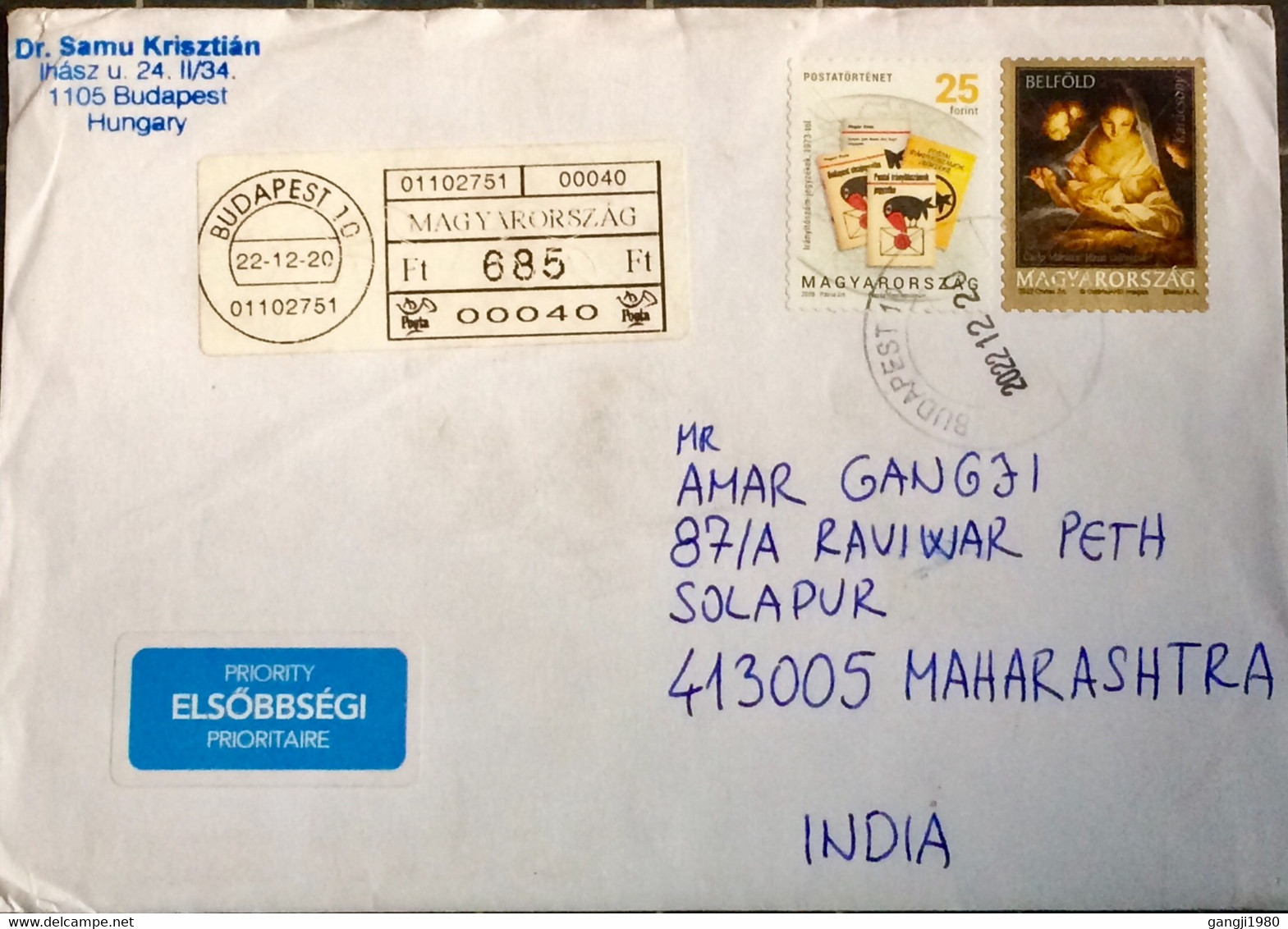 HUNGARY 2022, COVER USED TO INDIA 2020 & 2022 STAMPS , MACHINE VENDING ,CHRISTMAS ,BIRD,STAMP ON STAMP - Brieven En Documenten