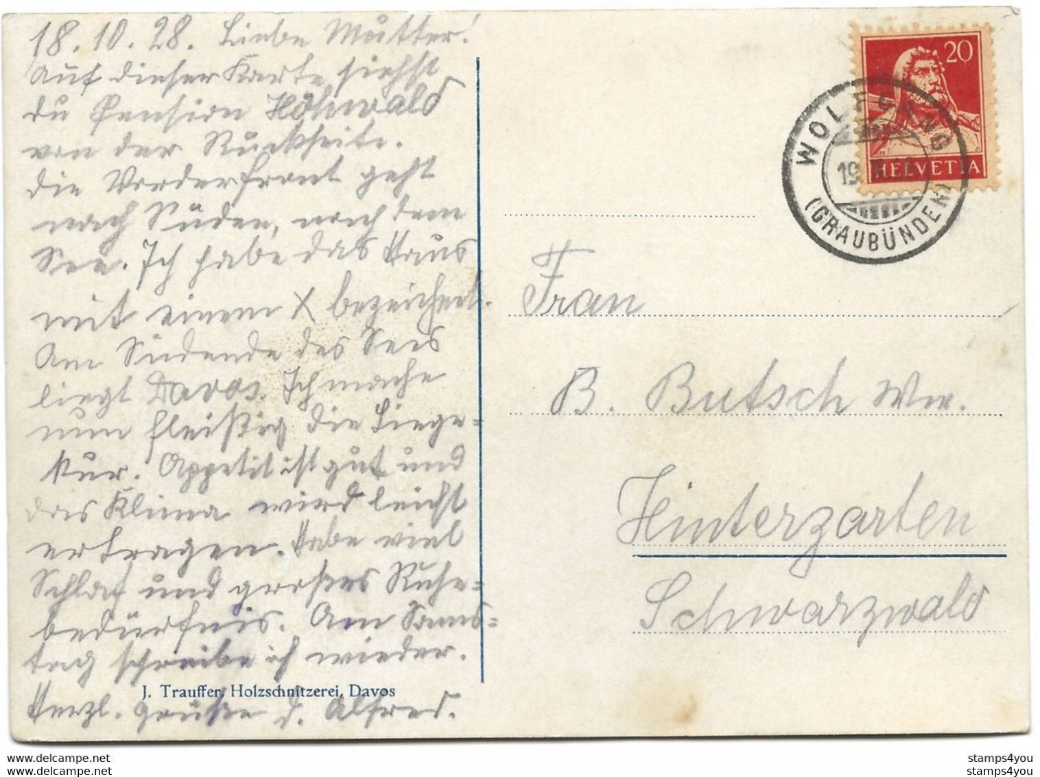 169 - 46 - Carte Postale Davosersee Avec Superbe Cachet à Date Wolfgang (Graubünden) 1928 - Sonstige & Ohne Zuordnung