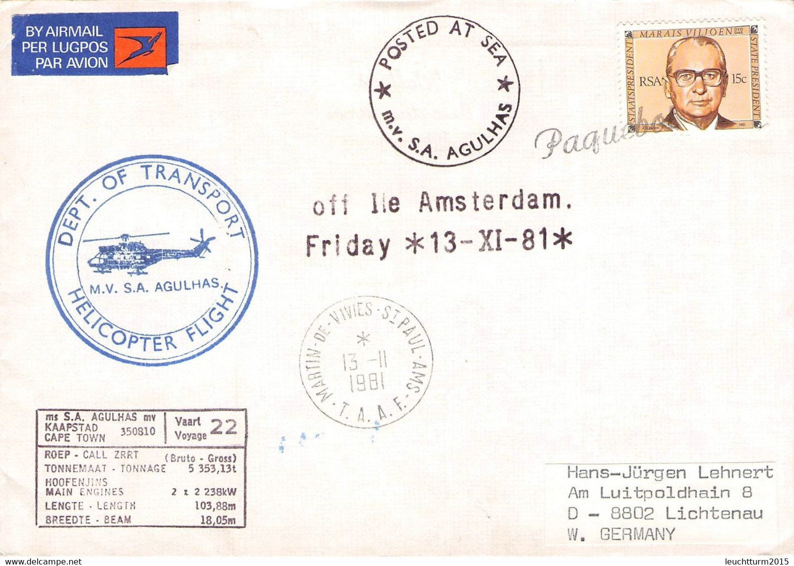 SOUTH AFRICA - POSTED AT SEA MV S.A. AGULHAS 1981 > GERMANY / ZM275 - Storia Postale