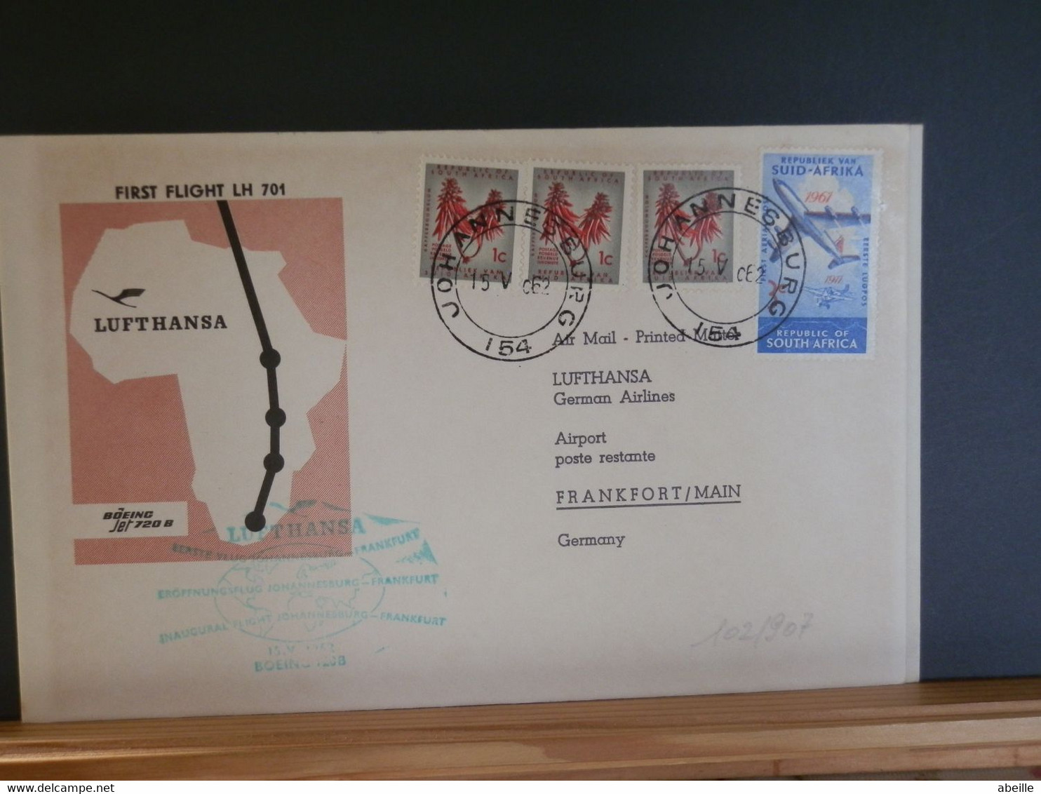 102/907  1° FLIGHT LUFTHANSA   1962  OBL.JOHANNESBURG - Storia Postale