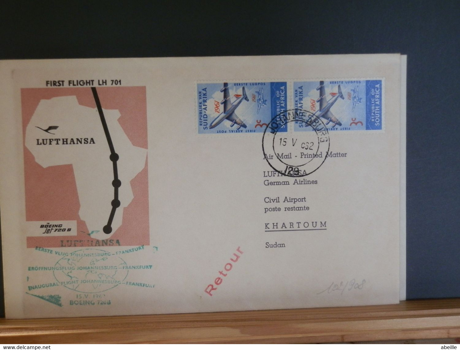 102/908  1° FLIGHT LUFTHANSA   1962  OBL.JOHANNESBURG - Covers & Documents