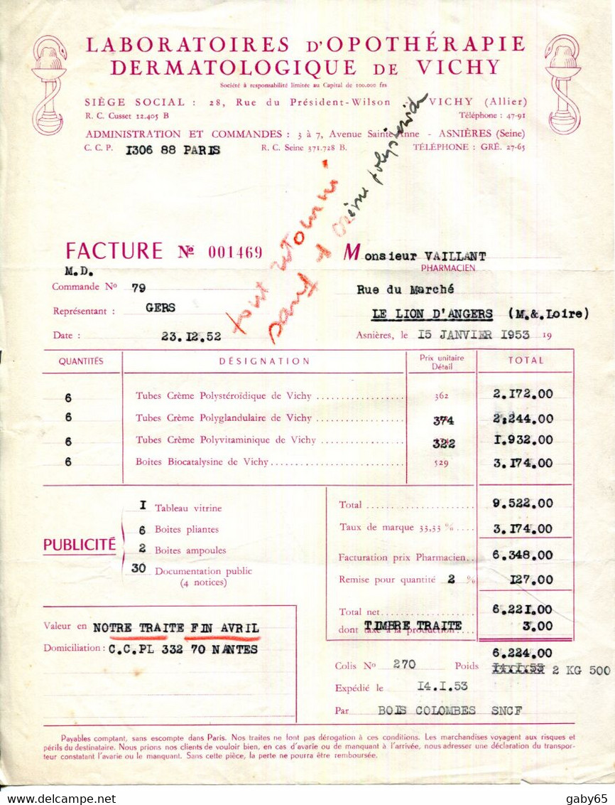 FACTURE.03.ALLIER.VICHY.LABORATOIRE D'OPOTHERAPIE DERMATOLOGIQUE DE VICHY. - Droguerie & Parfumerie