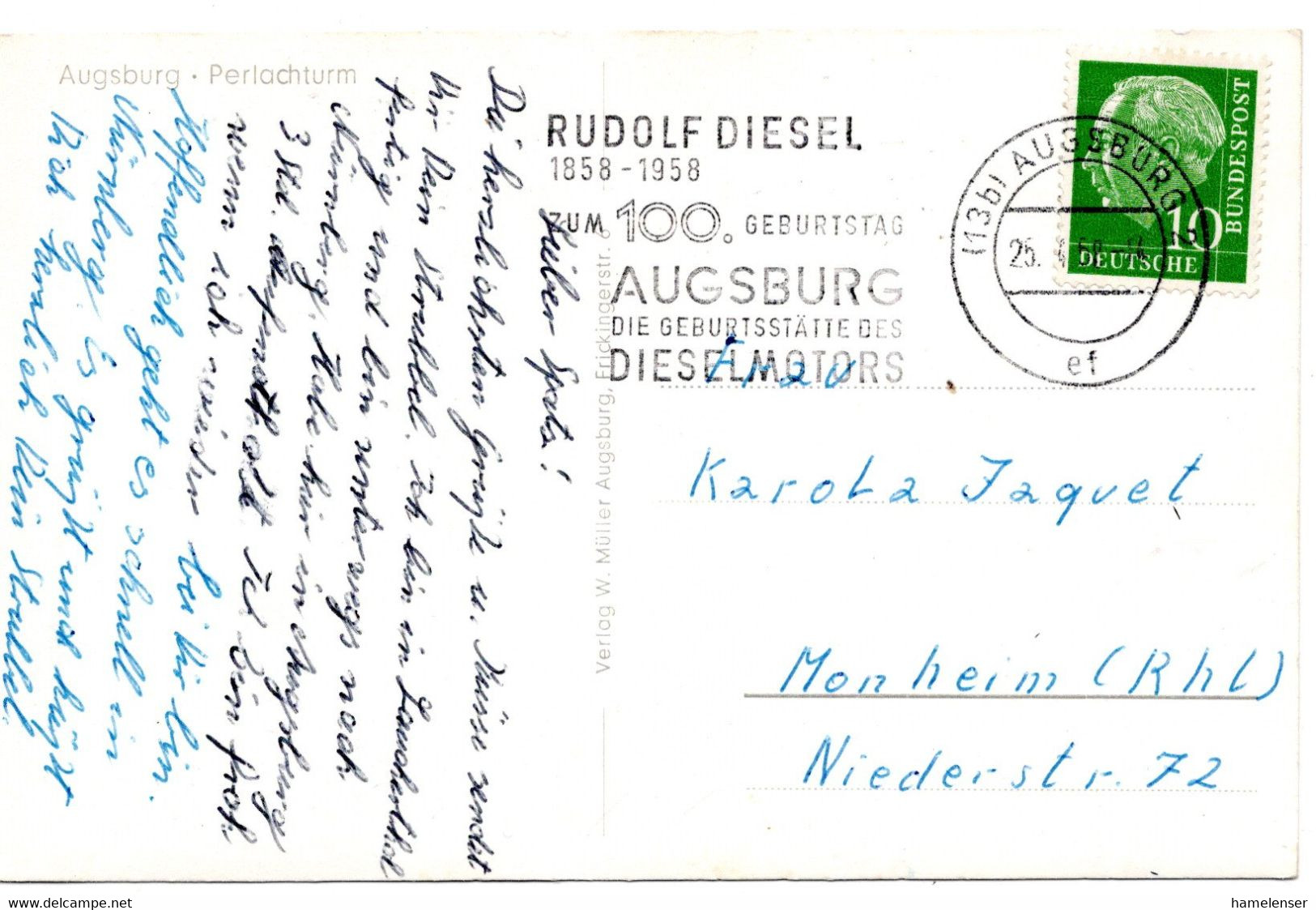 56344 - Bund - 1958 - 10Pfg Heuss I EF A AnsKte AUGSBURG - RUDOLF DIESEL ZUM 100.GEBURTSTAG ... -> Monheim - Voitures