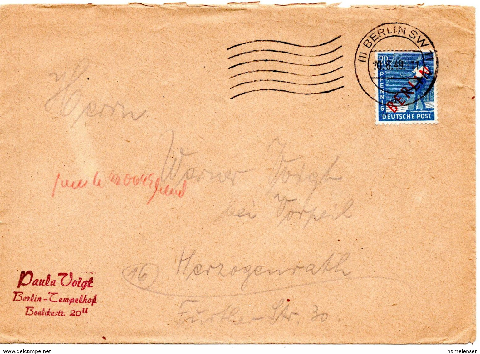 56346 - Berlin - 1949 - 20Pfg Rotaufdruck EF A Bf BERLIN -> Herzogenrath - Lettres & Documents