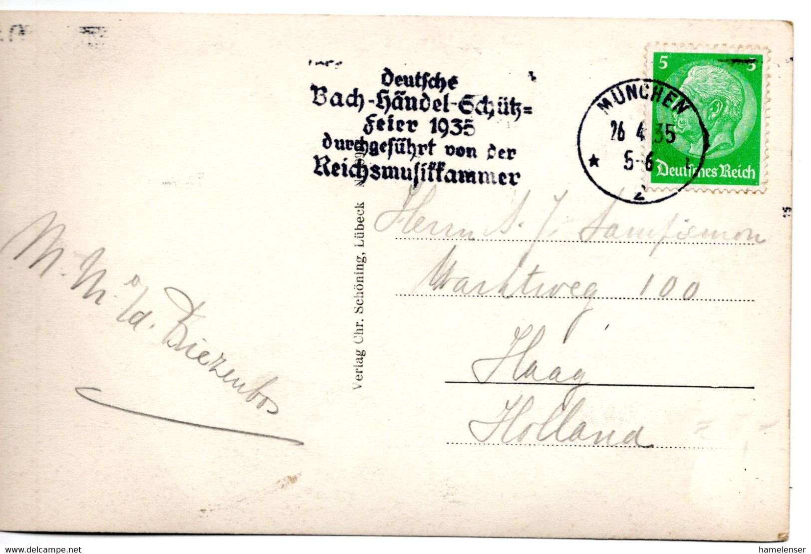 56348 - Deutsches Reich - 1935 - 5Pfg Hindenburg EF A AnsKte MUENCHEN - ... BACH-HAENDEL-SCHUETZ-FEIER .. -> Niederlande - Musica