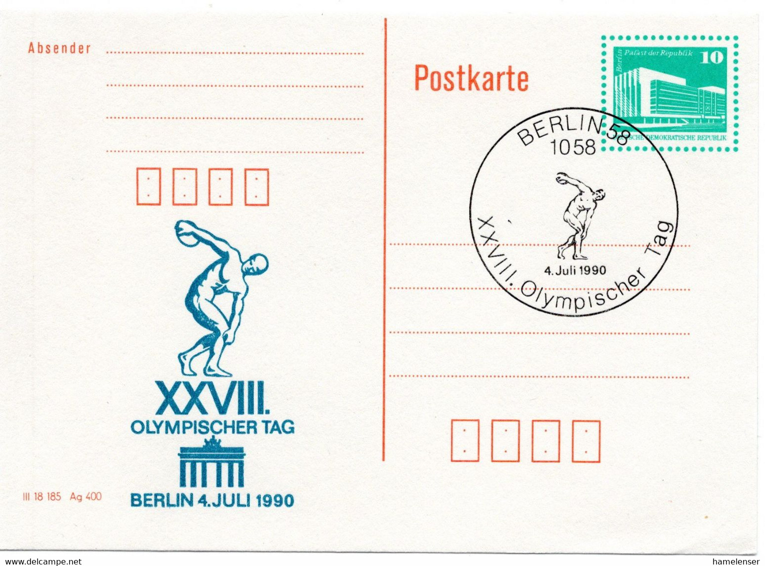 56350 - DDR - 1990 - 10Pfg Kl.Bauten GAKte SoStpl BERLIN - XXVIII.OLYMPISCHER TAG - Other & Unclassified