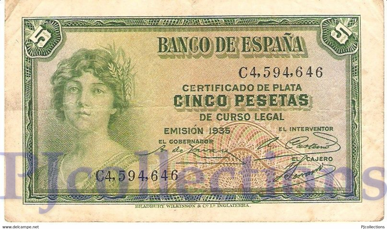 SPAIN 5 PESETAS 1935 PICK 85a VF - 5 Pesetas