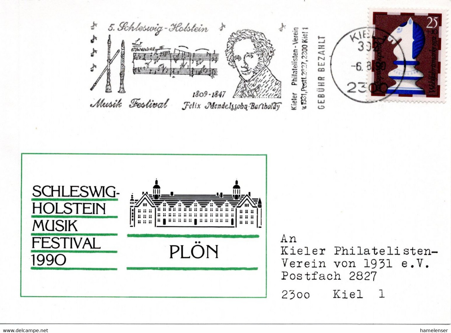 56352 - Bund - 1990 - 25Pfg Schach EF A SoKte AbsMaschStpl KIEL - 5.SCHLESWIG-HOLSTEIN MUSIK FESTIVAL ... -> Kiel - Musik