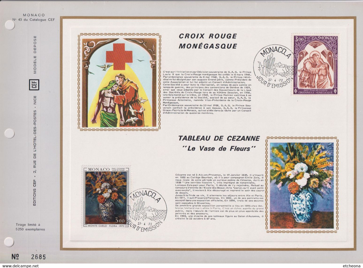 Croix Rouge Monégasque Et Cézanne "Le Vase De Fleurs" N°885 886 Monaco 27 4 72 Encart Perforé 1er Jour - Lettres & Documents