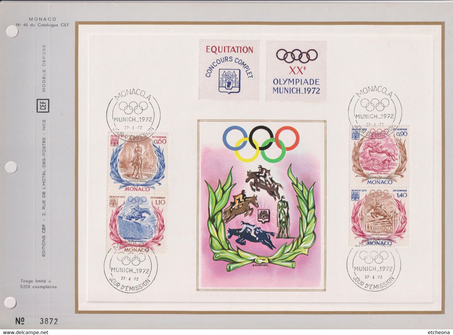 Olympiades Munich Concours Complet D'équitation N°890 891 892 893  Monaco 27 4 72 Encart Perforé 1er Jour - Lettres & Documents