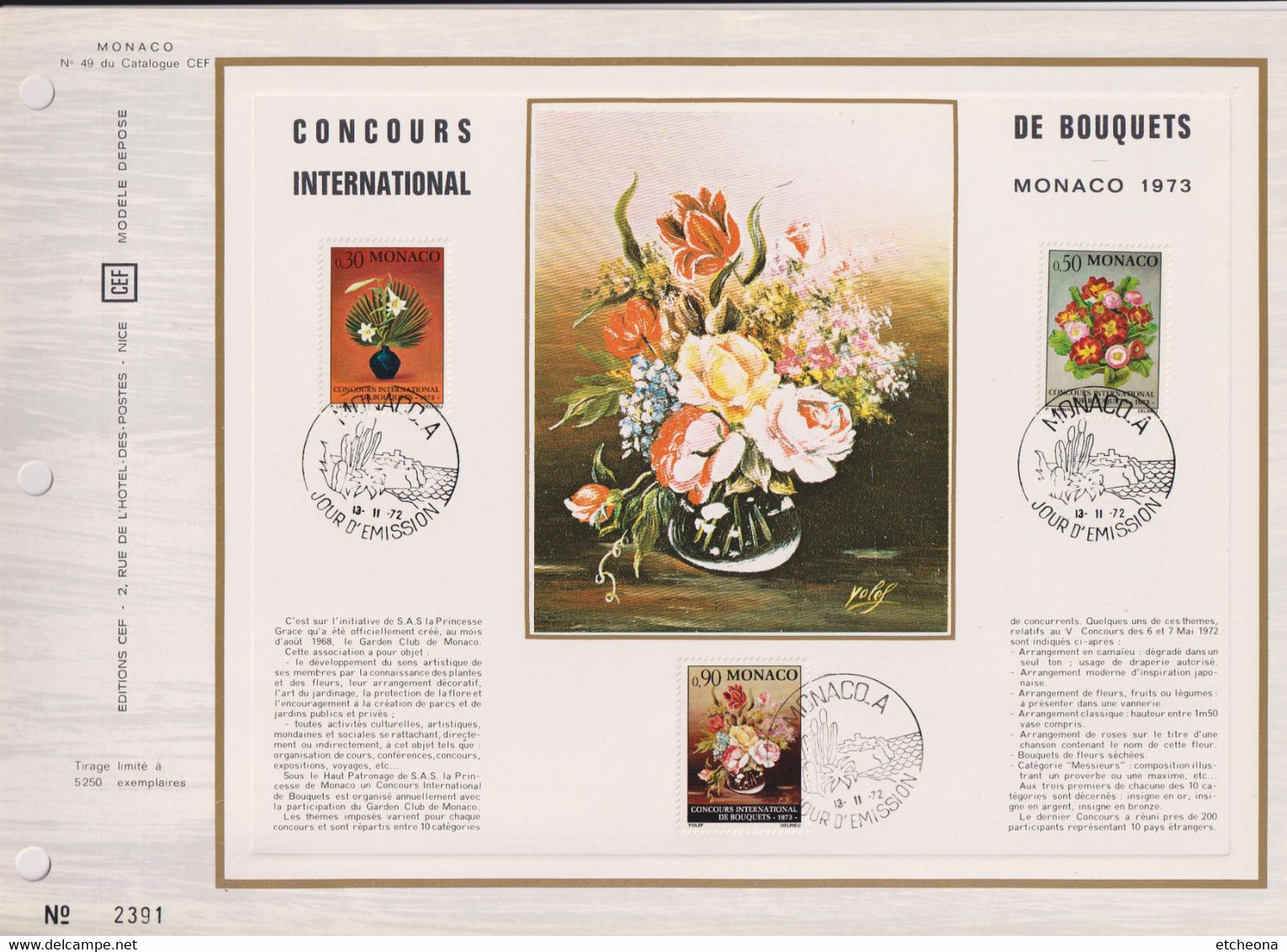 Concours International De Bouquets N°897 898 899  Monaco 13 11 72 Encart Perforé 1er Jour - Cartas & Documentos