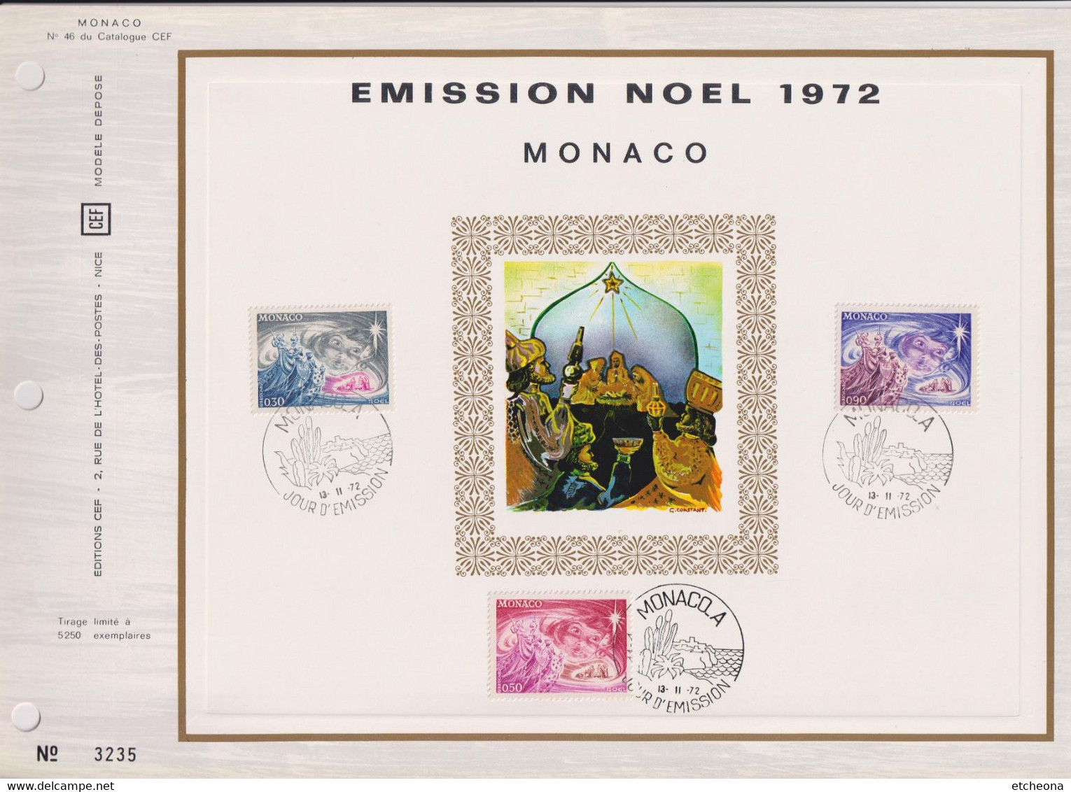 Emission De Noël 1972 N°900 901 902  Monaco 13 11 72 Encart Perforé 1er Jour - Cartas & Documentos