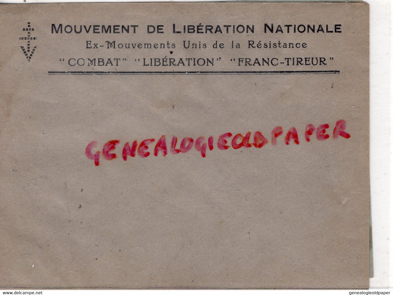 87- LIMOGES -RARE ENVELOPPE MLN MOUVEMENT LIBERATION NATIONALE -MUR RESISTANCE COMBAT FRANC TIREUR-CROIX LORRAINE - Documents Historiques