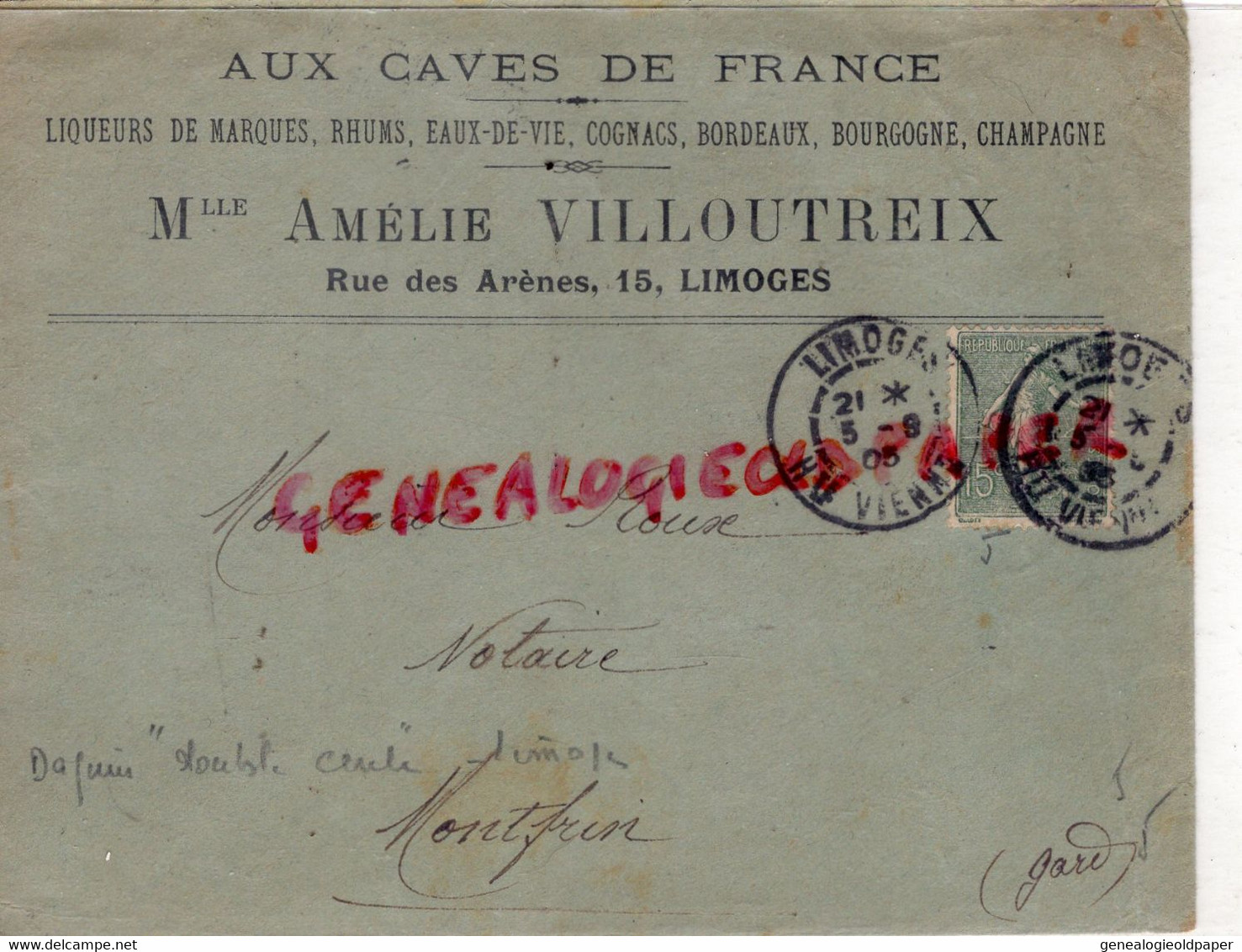 87-LIMOGES -ENVELOPPE AUX CAVES DE FRANCE MLLE AMELIE VILLOUTREIX-15 RUE DES ARENES-M. ROUX NOTAIRE A MONTFRIN 30 GARD - - Levensmiddelen