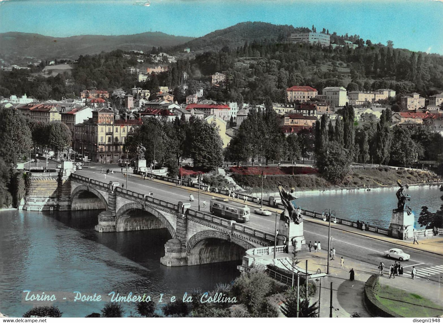 011848 "TORINO - PONTE UMBERTO I E LA COLLINA " TRAMWAY, COLORATA SU NEGATIVO, CART. ILLUSTR. ORIG. NON SPED. - Pontes