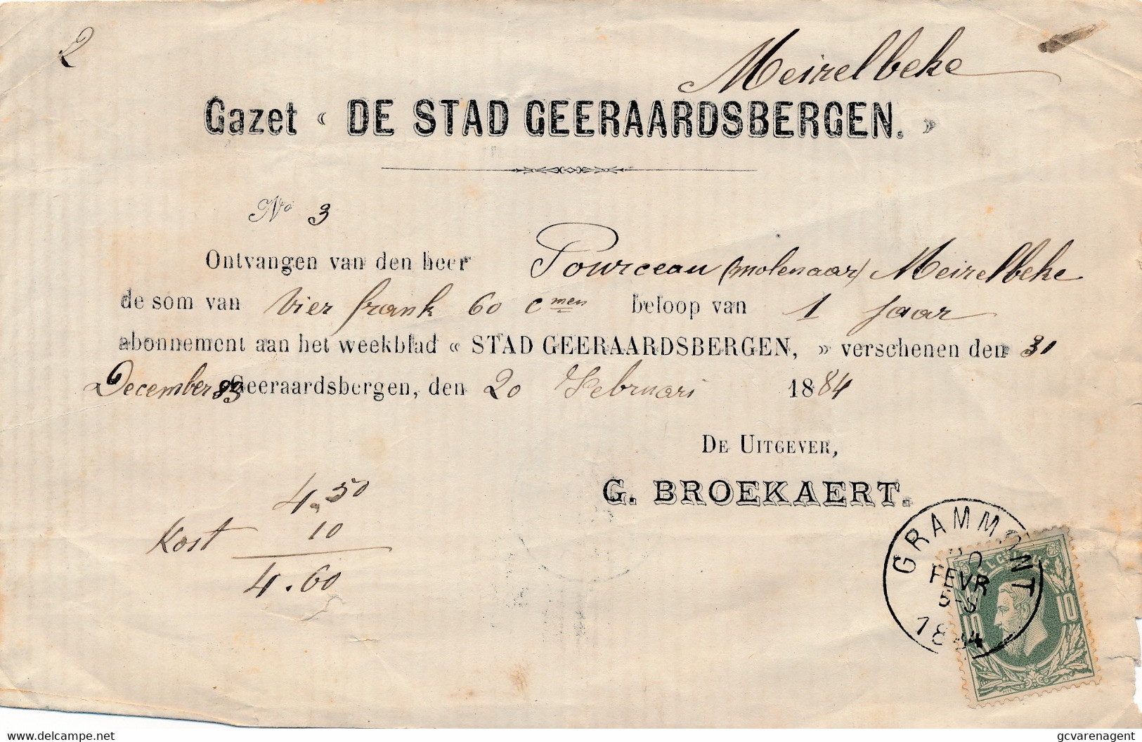 MEIRELBEKE  1884  BETALING VOOR GAZET  DE STAD GEERAARDSBERGE  4 FRANK BELOOP 1 JAAR - Merelbeke