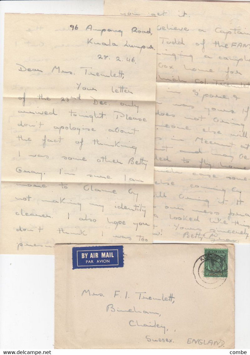 COVER. MALAYA. 28 FEB 48. KUALA. BY AIR MAIL TO CHAILEY ENGLAND - Malaya (British Military Administration)