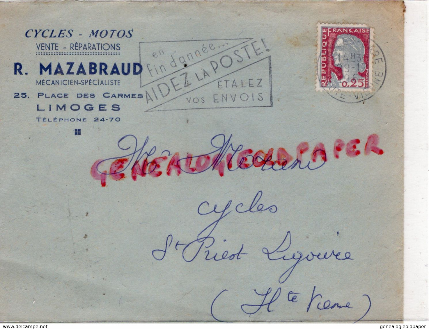 87-LIMOGES-ENVELOPPE R. MAZABRAUD CYCLES MOTOS MOTO-25 PLACE DSE CARMES - A M. MORAND ST SAINT PRIEST LIGOURE -1964 - Verkehr & Transport