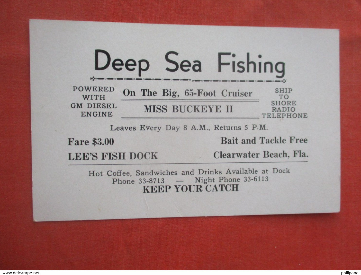 Advertising Card.  Deep Sea Fishing  Miss Buckeye II.    Clearwater  Beach  Florida > Clearwater   Ref. 5889 - Clearwater