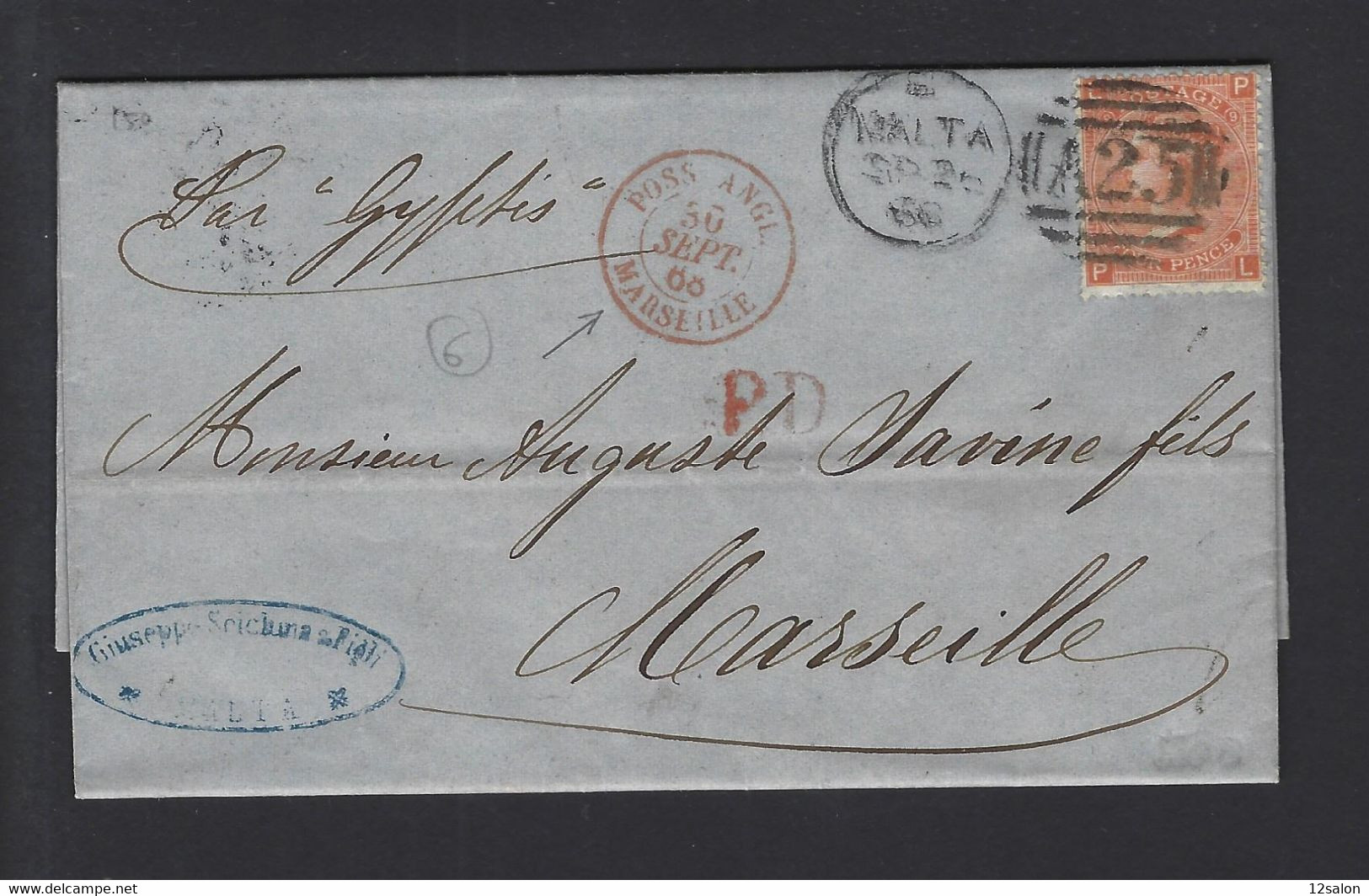 Lettre Entrée Maritime Poss Angl Marseille 1868 De Maltes - Maritieme Post