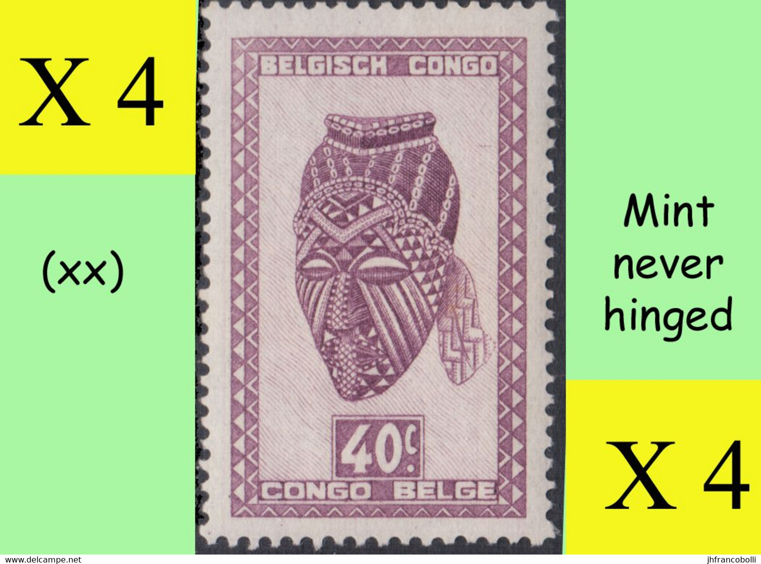 1947 ** BELGIAN CONGO / CONGO BELGE = COB 281 MNH MASKS & CARVINGS : BLOCK OF -4- STAMPS WITH ORIGINAL GUM - Blocks & Sheetlets