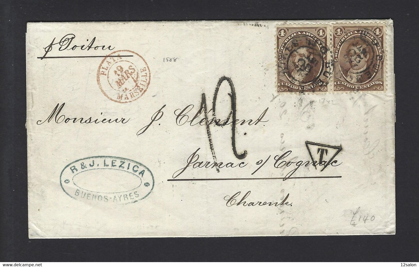 Lettre Entrée Maritime Plata Marseille 1877 De Buenos Ayres - Poste Maritime