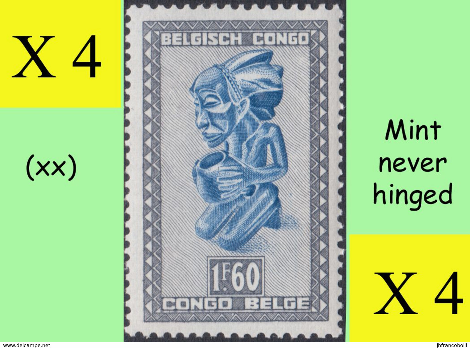 1947 ** BELGIAN CONGO / CONGO BELGE = COB 286-B MNH MASKS & CARVINGS : BLOCK OF -4- STAMPS WITH ORIGINAL GUM - Blokken