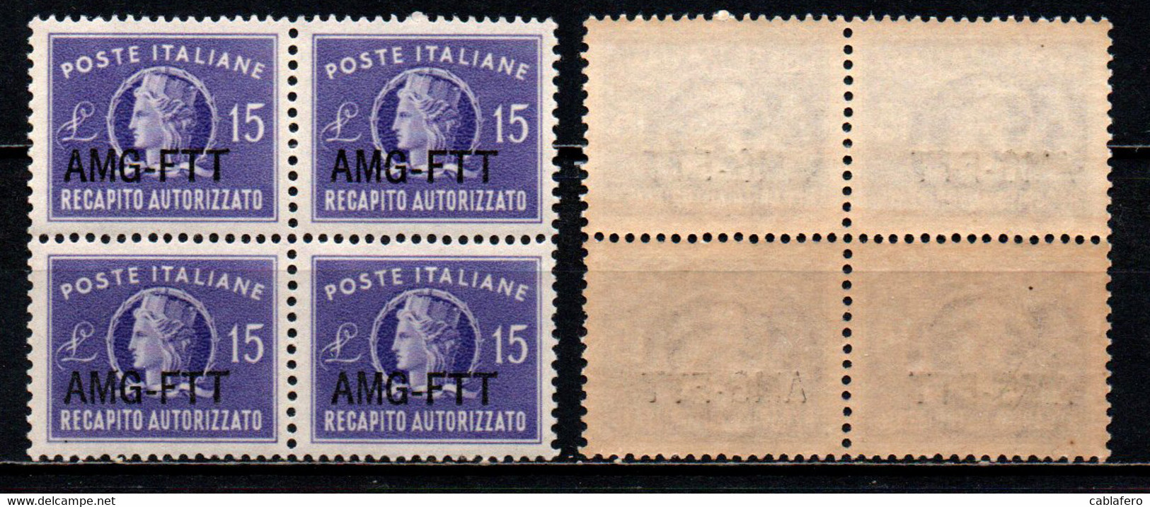 TRIESTE - AMGFTT - 1949 - 15 LIRE SOVRASTAMPA SU UNA RIGA - QUARTINA - MNH - Revenue Stamps