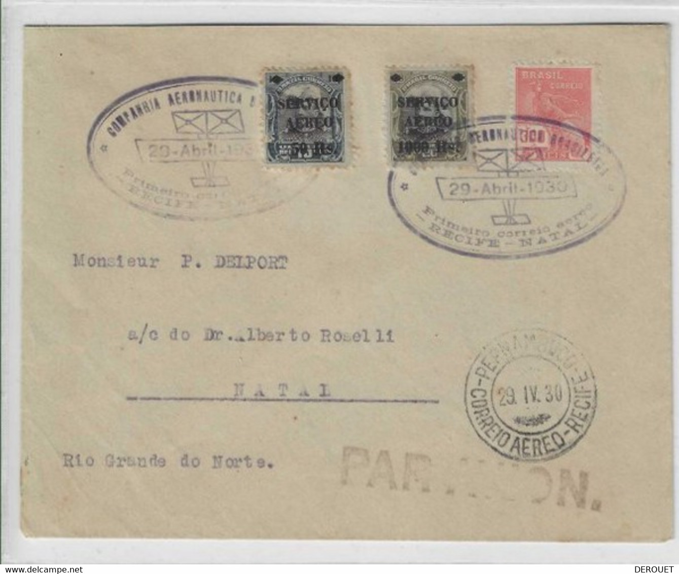 Ligne Mermoz - 29/04/1930 - Recife-Natal Par Companhia Aeronautica Brasileiro, Filiale De La Cie Gle Aéropostale - Airmail (Private Companies)