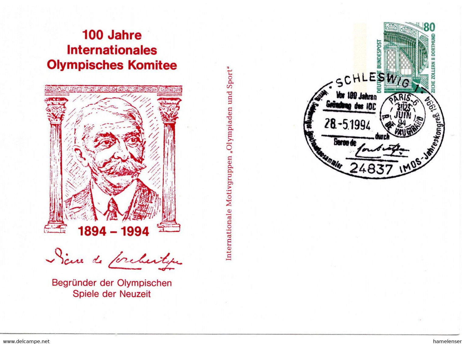 56358 - Bund - 1994 - 80Pfg SWK PGAKte "100 Jahre IOC" SoStpl SCHLESWIG - VOR 100 JAHREN GRUENDUNG DES IOC ... - Autres & Non Classés