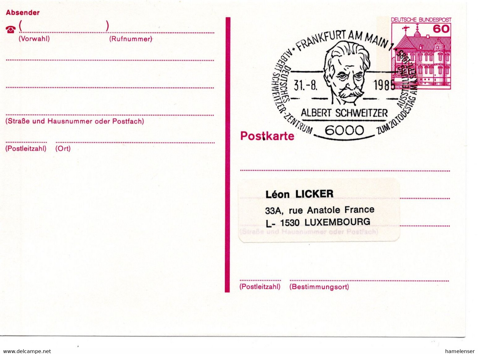 56359 - Bund - 1985 - 60Pfg B&S GAKte SoStpl FRANKFURT - ALBERT SCHWEITZER -> Luxemburg - Médecine